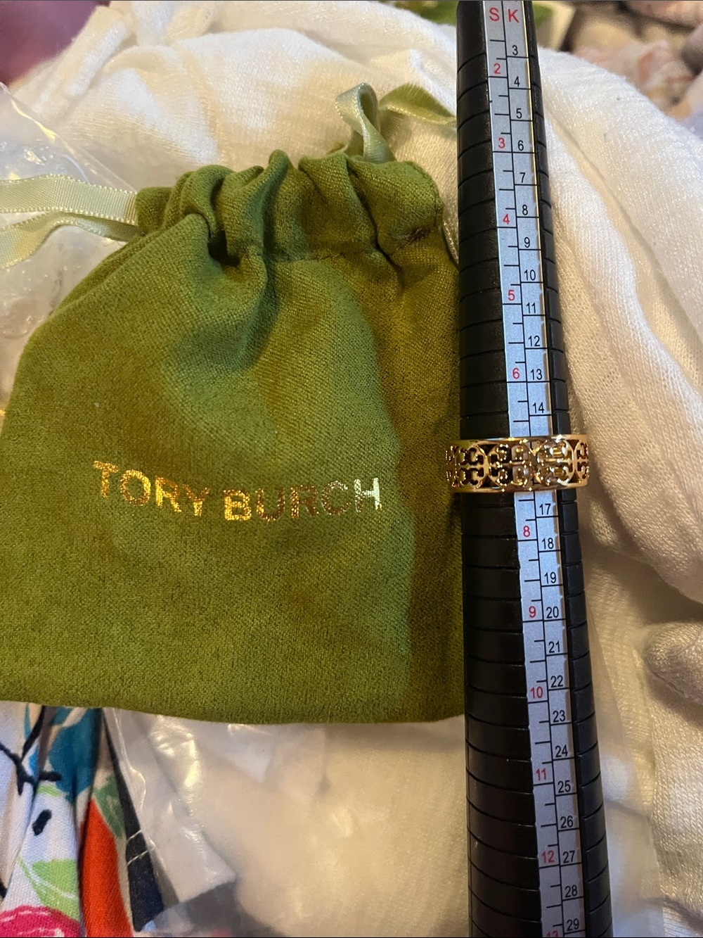 Tory Burch Gold Logo Filigree Band Ring